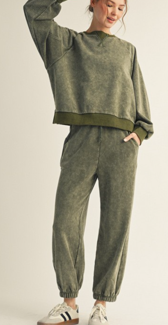 Casual Garment Washed Lounge Set (Olive)