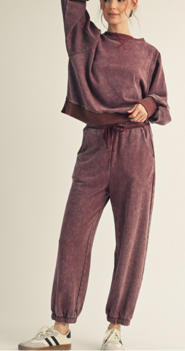 Casual Garment Washed Lounge Set (Burgundy)