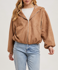 Not Lost Of Me Suede Bomber Jacket - Camel