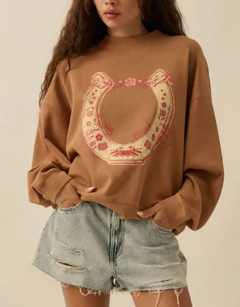 Floral Horseshoe Waffle Knit Graphic Crew
