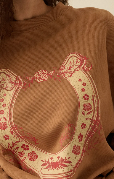 Floral Horseshoe Waffle Knit Graphic Crew