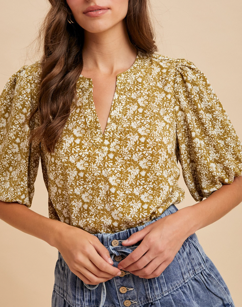 Only See Love Floral Blouse (Golden Olive)