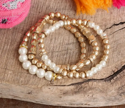 Set Of Three Pearl & Gold Bracelets