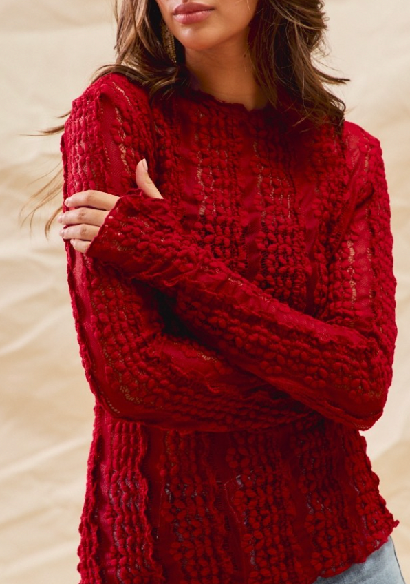 A Kiss This Christmas Sheer Lace Top (Red)