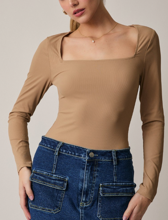 Here For The Party Square Neckline Bodysuit (Tan)