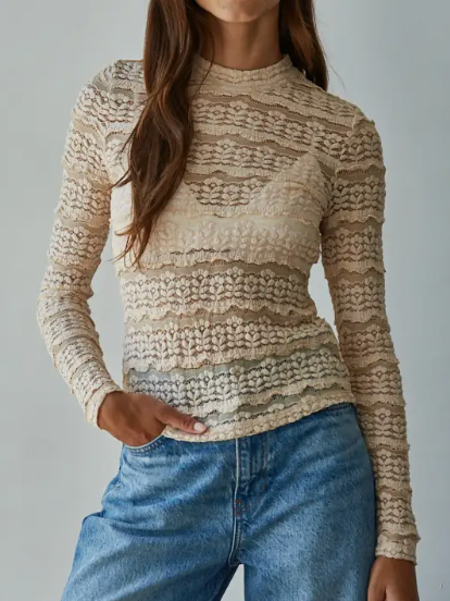 Truly Thankful Woven Lace Mock Top (Beige)