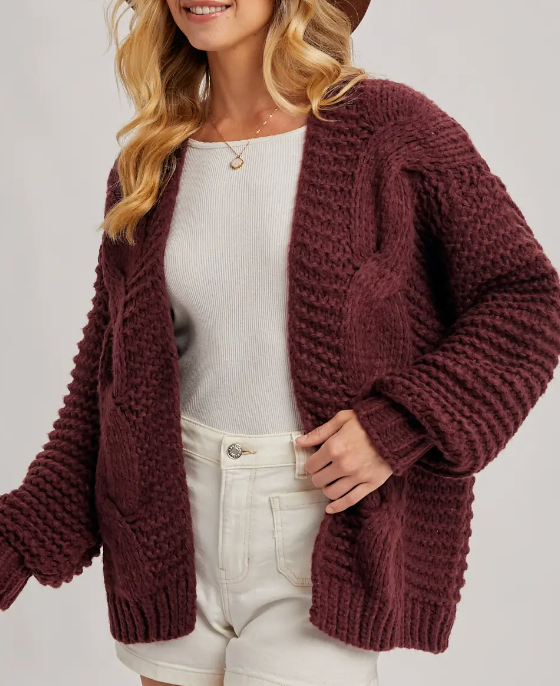 Cozy Cutie Cable Knit Sweater Cardigan (Maroon)