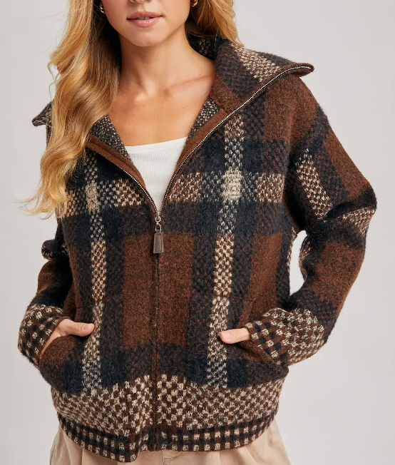 Treasured Plaid Sweater Jacket (Brown)