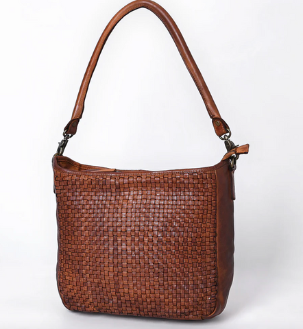 Genuine Leather Woven Bag - Chestnut