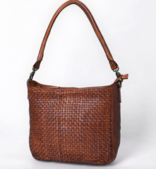 Genuine Leather Woven Bag - Chestnut