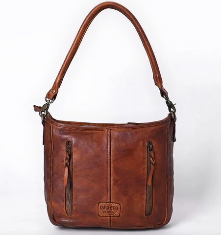 Genuine Leather Woven Bag - Chestnut