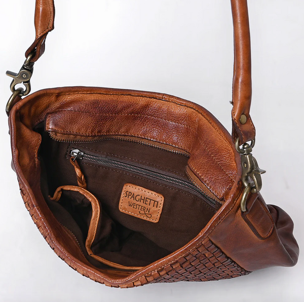Genuine Leather Woven Bag - Chestnut
