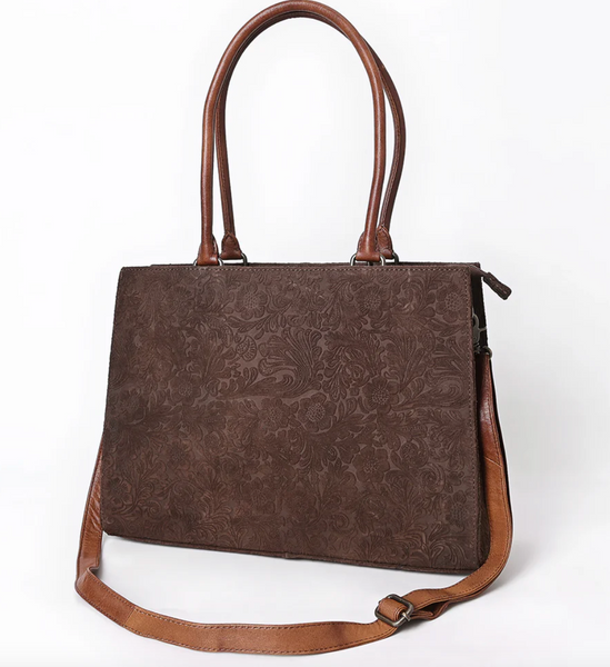 Floral Embossed Tote Bag With Dual Handles & Crossbody Strap - Brown