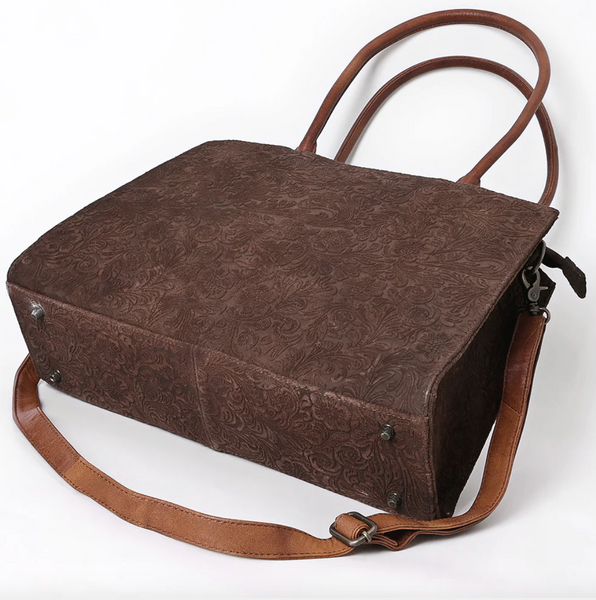 Floral Embossed Tote Bag With Dual Handles & Crossbody Strap - Brown