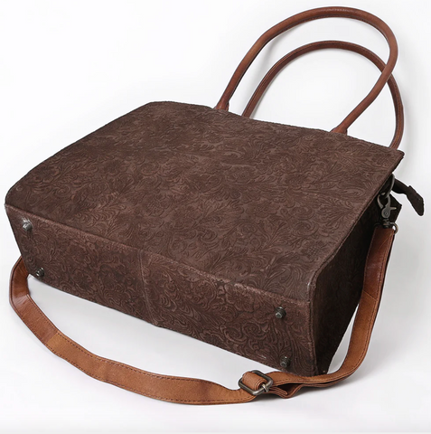 Floral Embossed Tote Bag With Dual Handles & Crossbody Strap - Brown