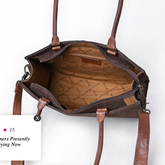 Floral Embossed Tote Bag With Dual Handles & Crossbody Strap - Brown