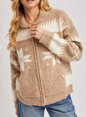 Fair Isle Zipper Sweater Jacket (Latte)