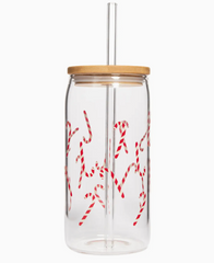 Candy Cane Can Glass With Lid & Straw