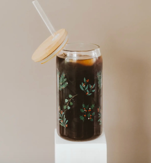 Holly Can Glass With Lid & Straw