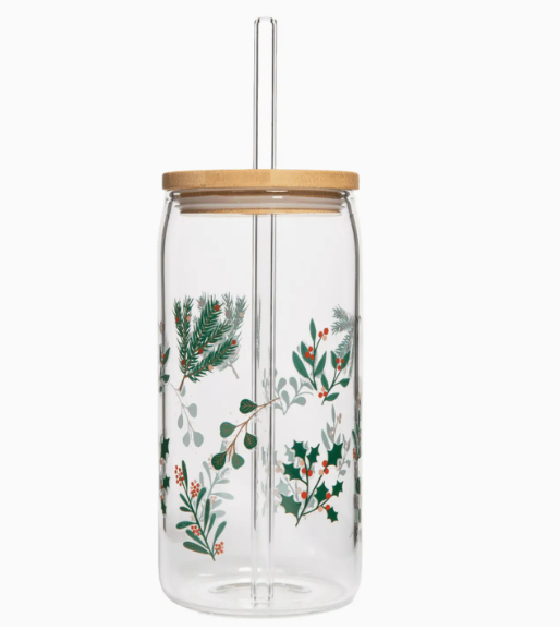 Holly Can Glass With Lid & Straw