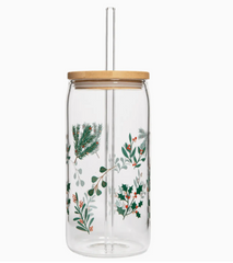 Holly Can Glass With Lid & Straw