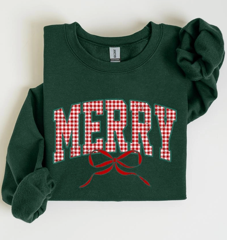 (PRE-ORDER) Plaid Merry Graphic Crew (Forest Green)