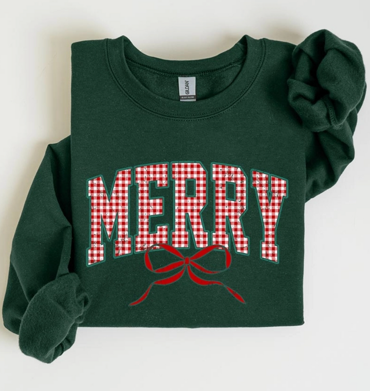(PRE-ORDER) Plaid Merry Graphic Crew (Forest Green)