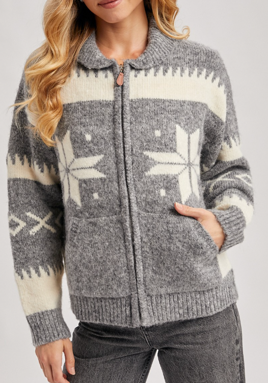 Fair Isle Zipper Sweater Jacket (Grey)