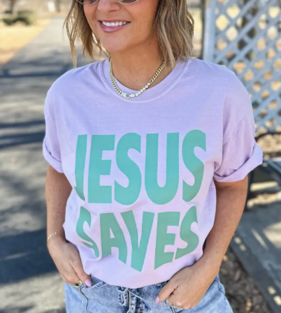 PRE-ORDER Jesus Saves Tee (Orchid Purple With Aqua Lettering)