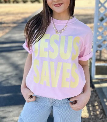 PRE-ORDER Jesus Saves Tee (Blossom Pink With Butter Yellow Letter)