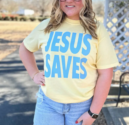 PRE-ORDER Jesus Saves Tee (Butter Yellow With Light Blue Lettering)