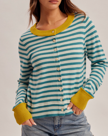 Color block stripe cardigan in aqua/teal