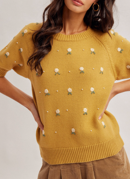 Floral Embroidered Sweater (Mustard)