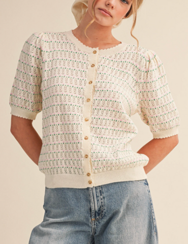 + Pointelle short puff sleeve button down sweater
+ Ribbed scalloped rou...