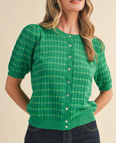 + Pointelle short puff sleeve button down sweater
+ Ribbed scalloped rou...