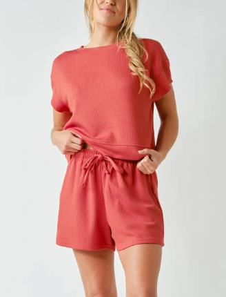 Comfort Unlocked Ribbed Tee & Shorts Set (Blushed Brick)