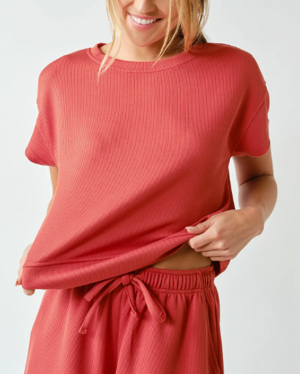 Comfort Unlocked Ribbed Tee & Shorts Set (Blushed Brick)