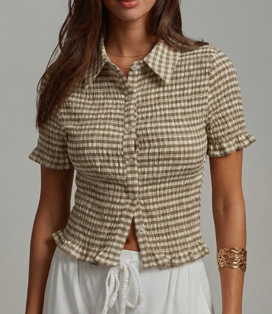 Cottage Core Gingham Top (Mocha)