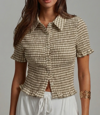 Cottage Core Gingham Top (Mocha)