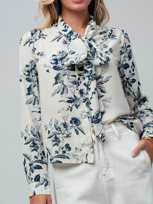 Proper Toile Bow Blouse (Ivory/Blue)