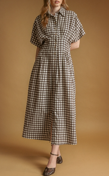 Fading Into The Next Season Gingham Dress (Brown/Cream)