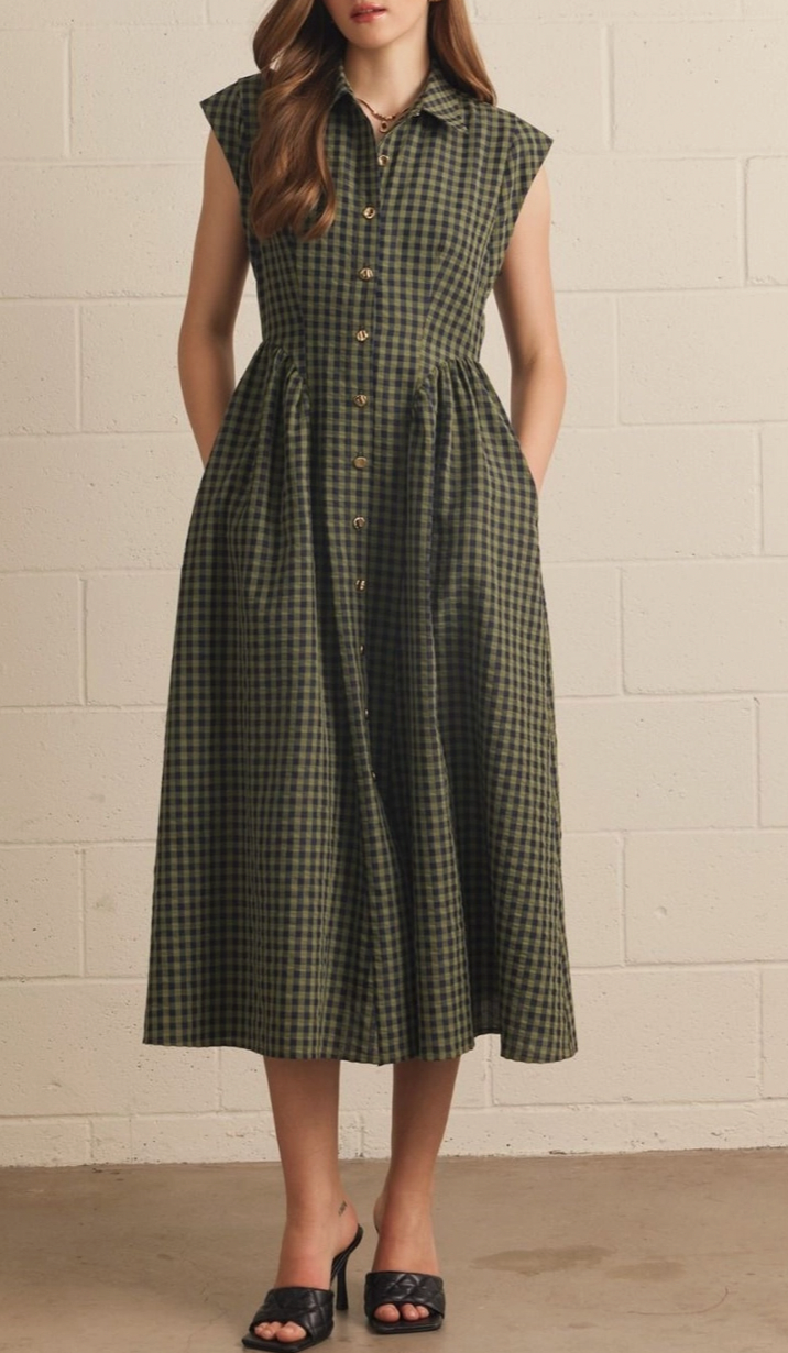 Crisp In The Air Gingham Dress (Olive)
