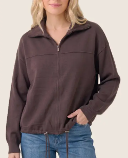 Making Moves Zip Up Drawstring Hem Sweater Jacket (Chocolate)