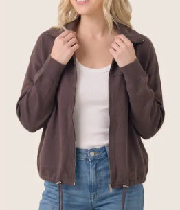 Making Moves Zip Up Drawstring Hem Sweater Jacket (Chocolate)