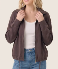 Making Moves Zip Up Drawstring Hem Sweater Jacket (Chocolate)