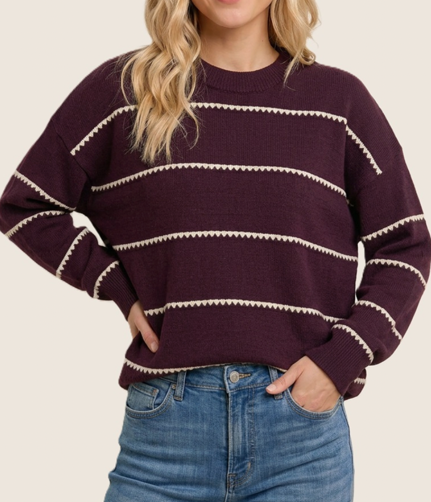 Guaranteed To Be Cozy Blanket Stitch Sweater (Plum)