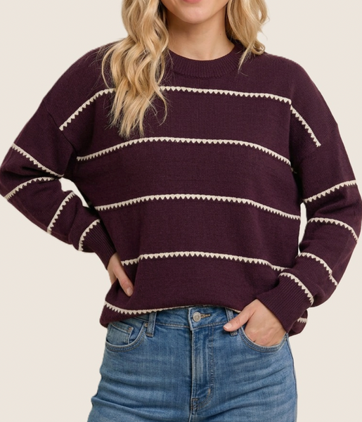 Guaranteed To Be Cozy Blanket Stitch Sweater (Plum)