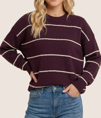 Guaranteed To Be Cozy Blanket Stitch Sweater (Plum)
