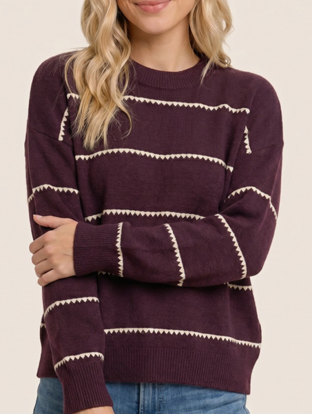 Guaranteed To Be Cozy Blanket Stitch Sweater (Plum)