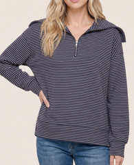 Never Complicated Half Zip Stripe Pullover (Denim)